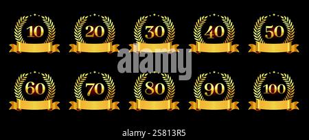 Goldenes Jubiläumsschild. Feiern Sie 10, 20, 30, 40, 50, 60, 70, 80, 90, 100 Jahre Jubiläum mit goldenem Lorbeerkranz und Band. Vektornummern für bi festgelegt Stock Vektor