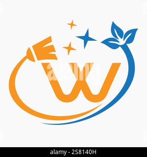 Monogramm Buchstabe W Clean Symbol Konzept mit Reinigungsbürste Symbol Vektor Vorlage Stock Vektor