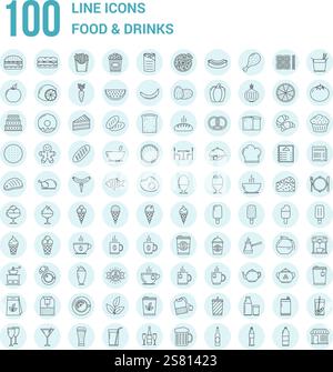 100 Symbole für Speisen und Getränke – Fast Food, Obst und Gemüse, Tee und Kaffee, Bäckerei, Frühstück, Flaschen und andere Symbole, Vektoreps10 Illustraten Stock Vektor