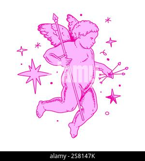 Cherub skizziert und Linie Kunst zum Valentinstag mit Cupid Vektor. Vektorsymbol für Liebe und Romantik. Antike Engel Baby Cupid Illustration Stock Vektor