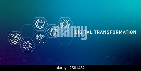 Digitale Transformation Unternehmenstechnologie IT ändert die Einführung in Innovation modernes Design neuer Gradienten Header mit Symbol Stock Vektor