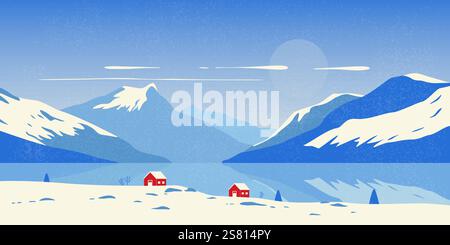 Winter Berglandschaft. Skandinavischer Naturhintergrund mit schneebedeckten Gipfeln, Häusern und Tannen, Vintage-Print-Design für Bannerposter. Vektor Stock Vektor