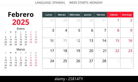 2025 spanischer februar-Kalender - Monat febrero. Vektorillustrationen für den Wintermonat für Spanien Stock Vektor