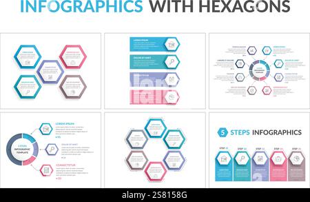 Sechs Infografikvorlagen mit Sechsecken, Workflow- oder Prozessdiagrammen, Vektoreps10 Illustratopn Stock Vektor