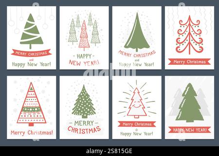 Set von 8 Weihnachtskarten mit handgezeichneten Weihnachtsbäumen, Vektor-eps10 Illustration Stock Vektor