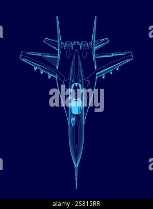Blauer Strahl wird im Hintergrund angezeigt. Der Jet ist ein Kampfjet und wird in stilisierter Weise dargestellt Stock Vektor