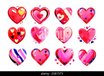 Gezeichnete Aquarellherzen. Valentinstag. Februar. Die Winterferien. Februar. Paargesetz. Herzset zur Dekoration. Liebe. Aquarell Stock Vektor