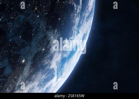 Blaue Erde im Weltraum. Die Oberfläche des Planeten Erde im Weltraum. Hochauflösendes Bild. Elemente dieses Bildes, bereitgestellt von der NASA. Stockfoto