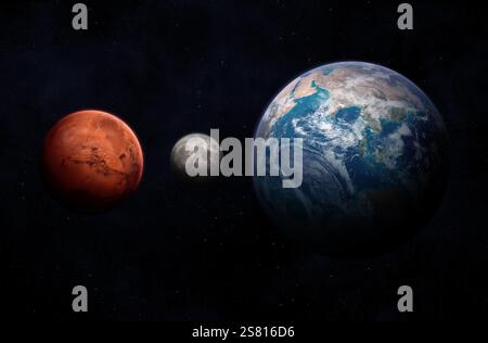 Mars, Erde und Mond Größenvergleich. Erde, Mars und Mond auf Skala. Elemente dieses Bildes, bereitgestellt von der NASA. Stockfoto
