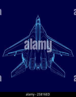 Blauer Jet wird auf blauem Hintergrund angezeigt. Der Jet ist ein Kampfjet und liegt in der Luft Stock Vektor