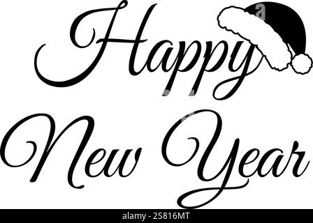 Happy New Year Schwarz-weiß handgezeichneter Schriftzug und Weihnachtsmannmütze auf Buchstabe. Druckmaterial-Design. Isolierte Vektor-Illustration Thematische Karten, Poster, Aufkleber oder Web-Werbebanner, Broschüren, Etiketten Stock Vektor
