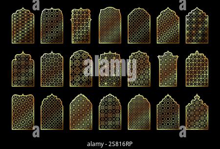 Arabische dekorative Fensterbögen. Traditionelle islamische Bogenrahmen mit arabischen geometrischen Bogenmustern, orientalische Moschee-Architektur gewölbter Silho Stock Vektor