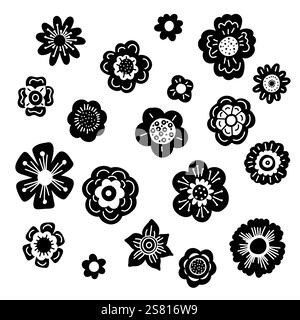 Vektorsatz mit schwarzen Silhouetten von Blumen ClipArt in naivem Stil für Ikonen. Monochrome Sammlung handgezeichneter Doodle-Blumen Stock Vektor