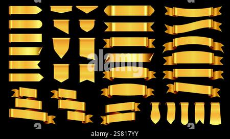 Goldene Bänder. Hochwertige Etiketten und Abzeichen in Vintage-Gold, dekoratives Luxusband, Scrollelemente für Gruß- und Einladungskarten. Vektor-Retr Stock Vektor