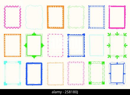 Niedliche Kid-Doodle-Rahmen. Zeichentrick kindliche dekorative Bilderrahmen, handgezeichnete quadratische runde ovale rechteckige Formen mit Linien. Vektor-isolierte se Stock Vektor