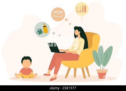 Die Mutter arbeitet während des Mutterschaftsurlaubs von zu Hause aus, während sie ihr Kind in einer gemütlichen, modernen Umgebung betreut, in der wichtige Arbeitsgeräte sichtbar sind Stock Vektor