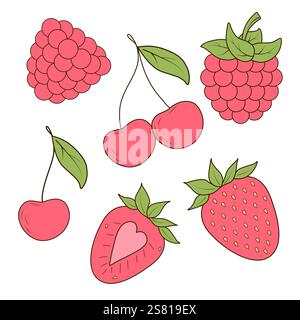 Erdbeeren, Himbeeren und Kirschen einzigartige handgezeichnete Illustrationen von verschiedenen Früchten. Vektor-Illustration in einem flachen Zeichentrickstil. Stock Vektor