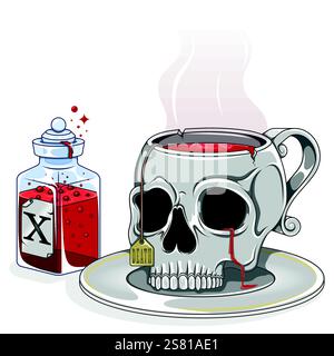 Menschlicher Schädel Geformter Porzellan-Teetasse, Schädel Geformter Kaffeetasse Magischer Trank-Cup, Halloween Dämonic Cup Stock Vektor