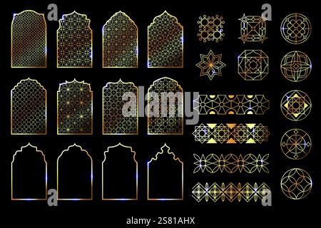 Golden Arabesque Kollektion. Geometrische orientalische arabeskierte Rahmen und Grenzen, arabische Moschee Architektur Arabesquerie Elemente, islamische dekorative de Stock Vektor
