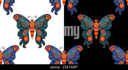 Satz von Vektormustern mit bunten Volkskunst Schmetterlingen auf schwarzem und weißem Hintergrund. Sammlung von Texturen mit tracery fliegenden Insekten für Wallpa Stock Vektor