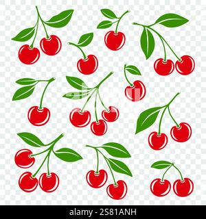 Niedliches Set Mit Cutout-Symbolen In Cartoon-Silhouette. Einzeln, ein Paar Kirschen und eine Gruppe Kirschen mit Blättern Clipart. Cherry Art, Designvorlage Stock Vektor