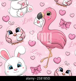Nahtloses Muster mit süßem weißem Kaninchen, Flamingo und rosa Vogel. Vektor-Illustration auf einem rosa Hintergrund mit Tieren, Liebesbriefen, Herzen, Stock Vektor