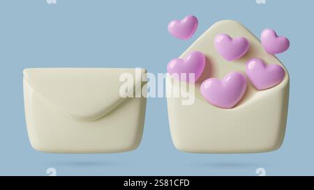 3D-Symbolsatz Hüllkurve. Valentinstag Love Mail Konzept. Geschlossener und geöffneter Brief mit rosa Herzen Stock Vektor