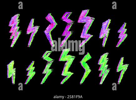 Set aus Blitz durch bunte Wachsstift Zeichnung. Sammlung von Handzeichnkreide- oder Aktivkohlelicht-Blitzzeichen. Vektor Graffiti Schulstil Wetter Stock Vektor