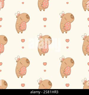 Nahtloses Ostermuster. Lustige Capybara in Hasenohren mit paschal-Ei auf weißem Hintergrund mit Herz. Niedliche Karikatur-Kawaii-Tierfigur. V Stock Vektor