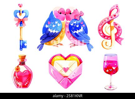 Aquarell Valentinstag Party Dekoration Vektor Set. Liebe. Romantische Feiertage Elemente Kuchen, Herzballons, Blumenstrauß, Geschenk Stock Vektor