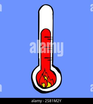 Thermometer mit steigender Temperatur und brennendem Feuer im Inneren auf GRÜNEM Hintergrund Stock Vektor
