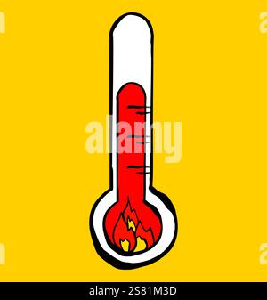 Thermometer mit steigender Temperatur und brennendem Feuer im Inneren auf GRÜNEM Hintergrund Stock Vektor