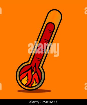 Thermometer mit steigender Temperatur und brennendem Feuer im Inneren auf GRÜNEM Hintergrund Stock Vektor