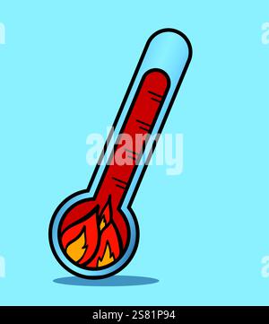 Thermometer mit steigender Temperatur und brennendem Feuer im Inneren auf GRÜNEM Hintergrund Stock Vektor