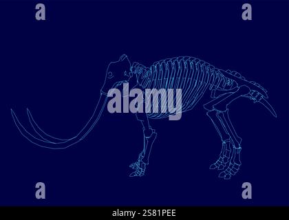 Blauer Hintergrund mit einem Skelett eines großen Tieres mit langem Stoßzähn. Das Gerüst wird in einem blauen Umriss dargestellt Stock Vektor
