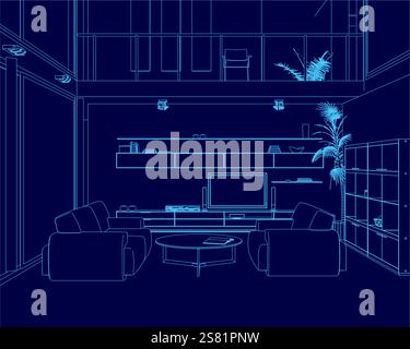 Blaue Zeichnung eines Wohnzimmers mit großem Couchtisch und zwei Sofas. Das Zimmer hat ein modernes und minimalistisches Design Stock Vektor
