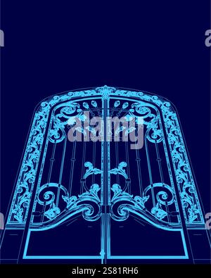 Das blaue Tor ist verziert und hat viele Details. Es ist offen und einladend. Das Tor ist ein Symbol für Gastfreundschaft und Gastfreundschaft Stock Vektor