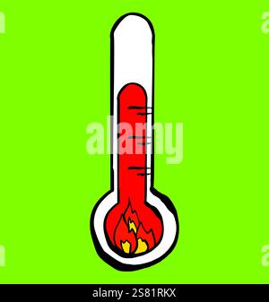 Thermometer mit steigender Temperatur und brennendem Feuer im Inneren auf GRÜNEM Hintergrund Stock Vektor