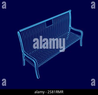 Blaue Bank mit blauem Hintergrund. Die Werkbank wird in einem 3D-Format angezeigt. Die Bank ist aus Holz und hat eine blaue Farbe Stock Vektor