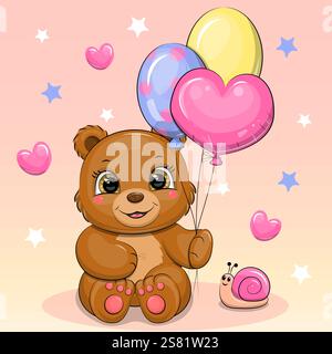 Niedlicher Cartoon-Bär mit Ballons und Schnecke. Vektor-Illustration eines Tieres auf einem rosa Hintergrund mit Herzen und Sternen. Stock Vektor
