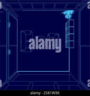 Blaues Zimmer mit Tisch und Stühlen. Das Zimmer ist leer und hat ein minimalistisches Design Stock Vektor