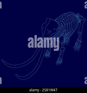 Blaue Zeichnung eines Skeletts mit langem Stoßzähn. Konzept von Mysterium und Intrige, während der Betrachter die Geschichte hinter dem Skelett und seinem t vorstellt Stock Vektor