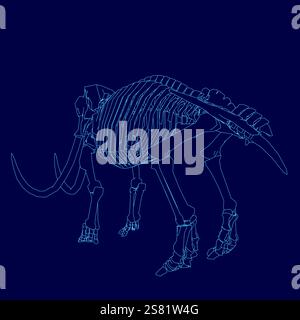 Blaue Zeichnung eines Skeletts mit großem Stoßzähn. Das Skelett ist stilisiert gezeichnet, wobei der Stoßzähn aus dem Körper herausragen wird. Begriff des Mysteriums und Stock Vektor