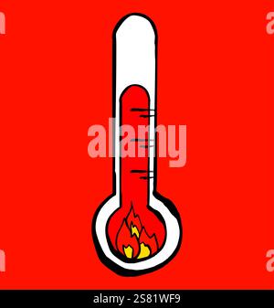 Thermometer mit steigender Temperatur und brennendem Feuer im Inneren auf GRÜNEM Hintergrund Stock Vektor