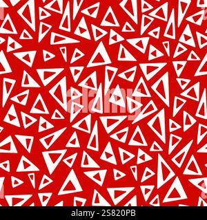 Auffälliges und dynamisches geometrisches Muster mit weißen Dreiecken in verschiedenen Größen auf rotem Hintergrund. Stock Vektor