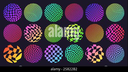 Grooviges Karomuster, rundes, gekacheltes Neongitter. Vintage gewellter Hintergrund, Verzerrungseffekt. Funky geometrische Schachbretttextur, Retro-Hintergrund Stock Vektor