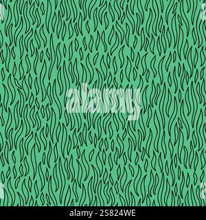 Nahtloses Muster mit welligen, flammenartigen Formen, die in Schwarz vor einem blaugrünen Hintergrund umrissen sind. Stock Vektor