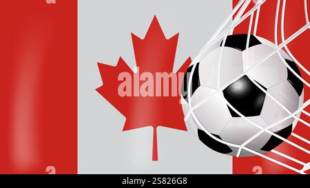 Fußball Fußball im Goal Net mit der kanadischen Hochglanzflagge، Sportzubehör Stock Vektor