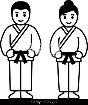 Martial Arts Ikone für Männer und Frauen. Karate, Taekwondo, Judo Uniform (Gi). Einfache Mann- und Frauenlinie Symbol, schwarz-weiße Vektor-Illustration. Stock Vektor