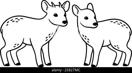 Männlich und weiblich Pudu, kleiner südamerikanischer Hirsch. Schwarz-weiße Strichgrafik. Niedliche Zeichentrickzeichnung, Vektorillustration. Stock Vektor